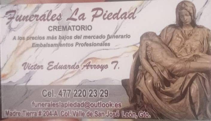 Tarjeta de contacto y servicios de Funerales La Piedad
